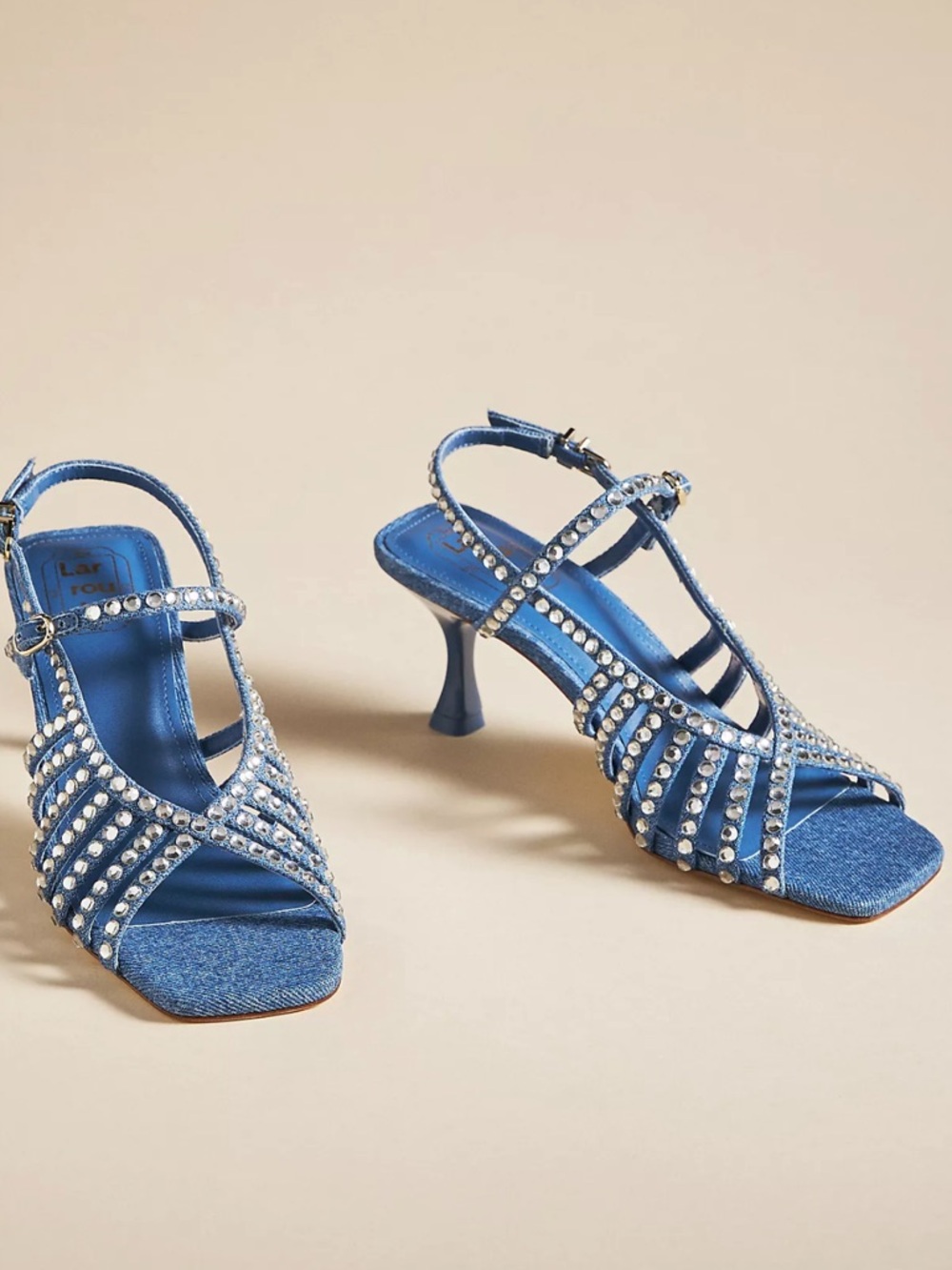 Larroude Denim Crystal-Strap Heeled Sandals in Blue